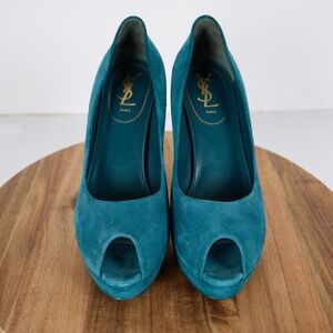 Yves Saint Laurent YSL Tribute Teal Blue Suede Peep Toe Platform Pumps Heels 41